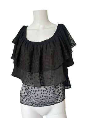 Zara Basic Collection Flounce Top Black Mesh Stars Cropped Womens Size Small